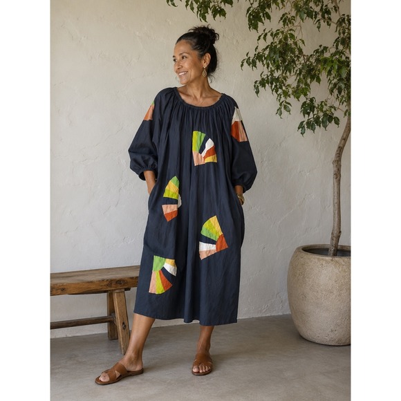 Nikki Chasin Dresses & Skirts - Nikki Chasin Navy Cotton Fan Patch Ballad Dress Cotton Oversized Midi XXL
